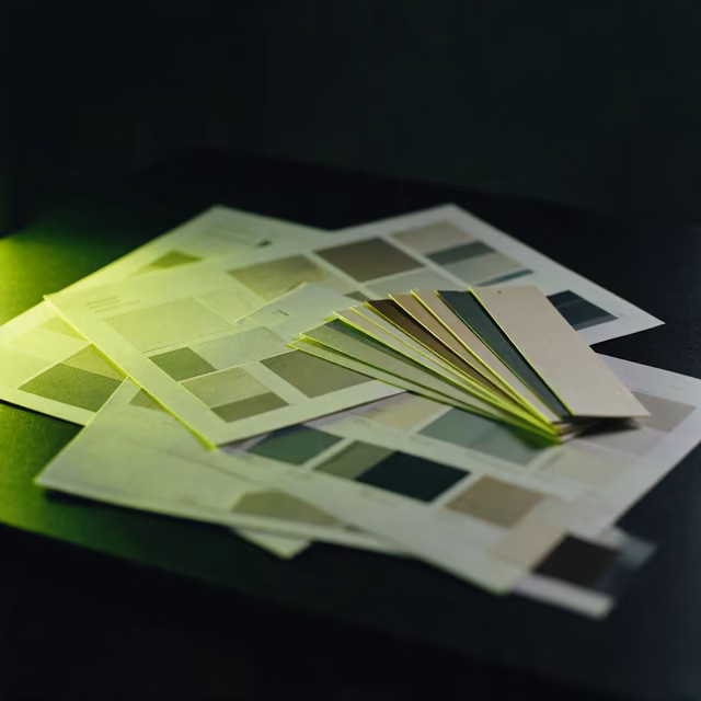 Printed page layouts and a fan of paper colour swatches on a black table, raked by green light.