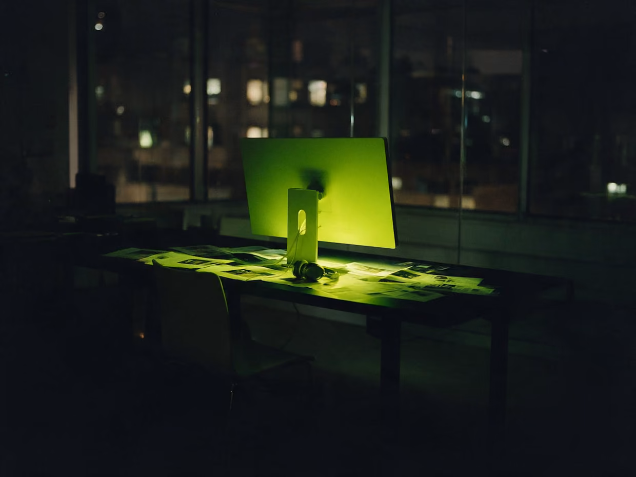 A design studio after dark: printed layouts spread across a long desk under the green glow of a single screen.
